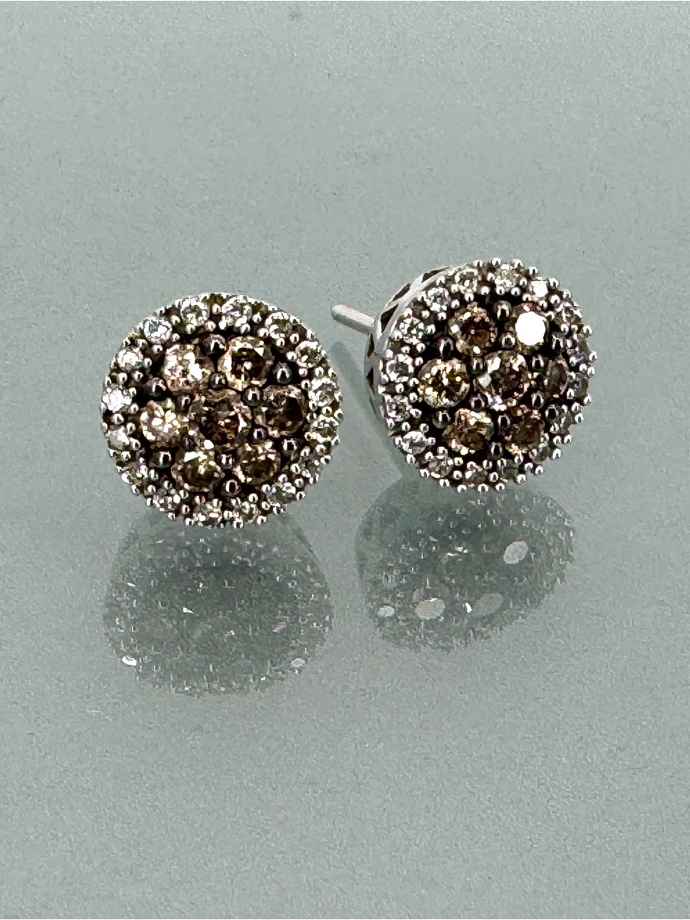 Vintage LeVian Chocolate and White Diamond Earrings in 14k White Gold Studs
